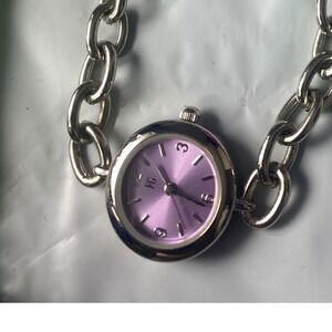 FG Silver Tone Chain Link Watch Purple Iridescent Sequin Paillette Charms 8 Inch